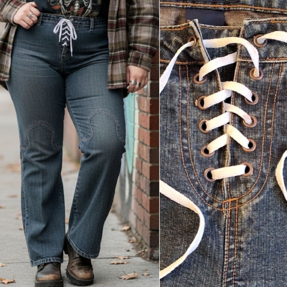 VTG Y2K Blue Rustic‎ Wash Low Rise Tie Up Western Flare Jeans Plus 16 Festival